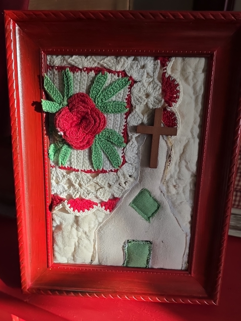 Handmade Red Framed Textile Wall Art with Rose and Cross